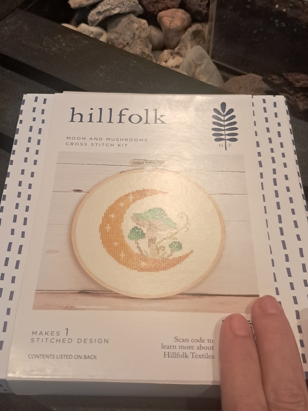 Hillfolk Moon and Mushrooms Cross Stitch Kit - Cream, Gold, Green